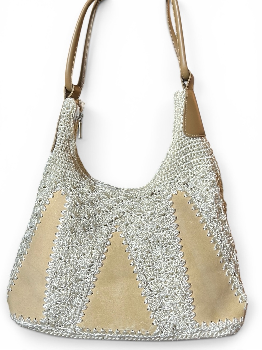 Vintage New Pagani Italy Crochet & Suede Patchwork Slouchy Hobo Bag Beige / Tan
